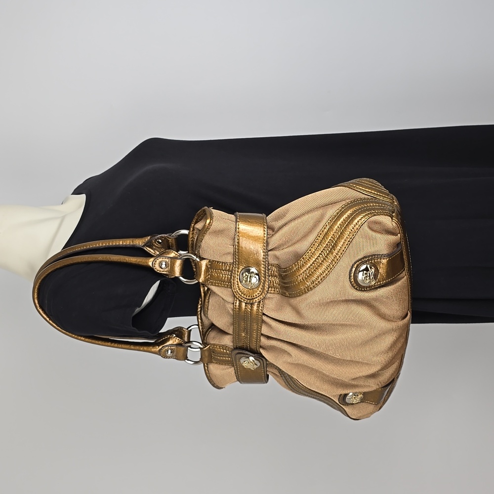 Kathy Van Zeeland Shoulder Handbag Gold Bronze Faux Leather Textile Chunky Y2K